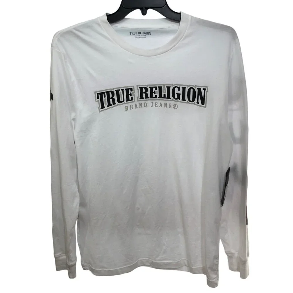 NWT True Religion T Shirt Mens Large Long Sleeves Crewneck White Logo White Blac